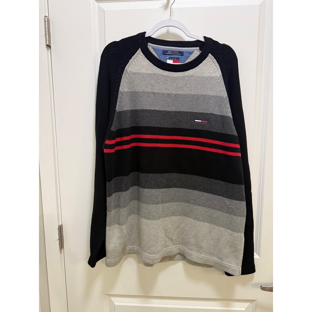 Tommy Jeans Men Large Striped Raglan Cotton Knit Crewneck Sweater Black Grey Red